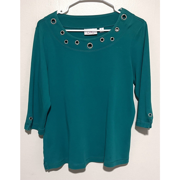 Quacker Factory Tops - Quacker Factory Top Women’s Medium Green Silver Rhinestone Accents 3/4 Sleeve